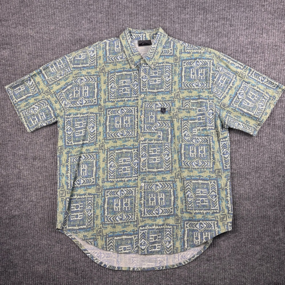 Vtg 90s Quiksilver Button Up Shirt Mens L Tribal Geometric Surf Skate Cotton